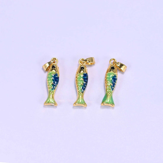 Enamel Blue Green Fish Charms: 18K Gold Filled Pendants, Jewelry Making Supply