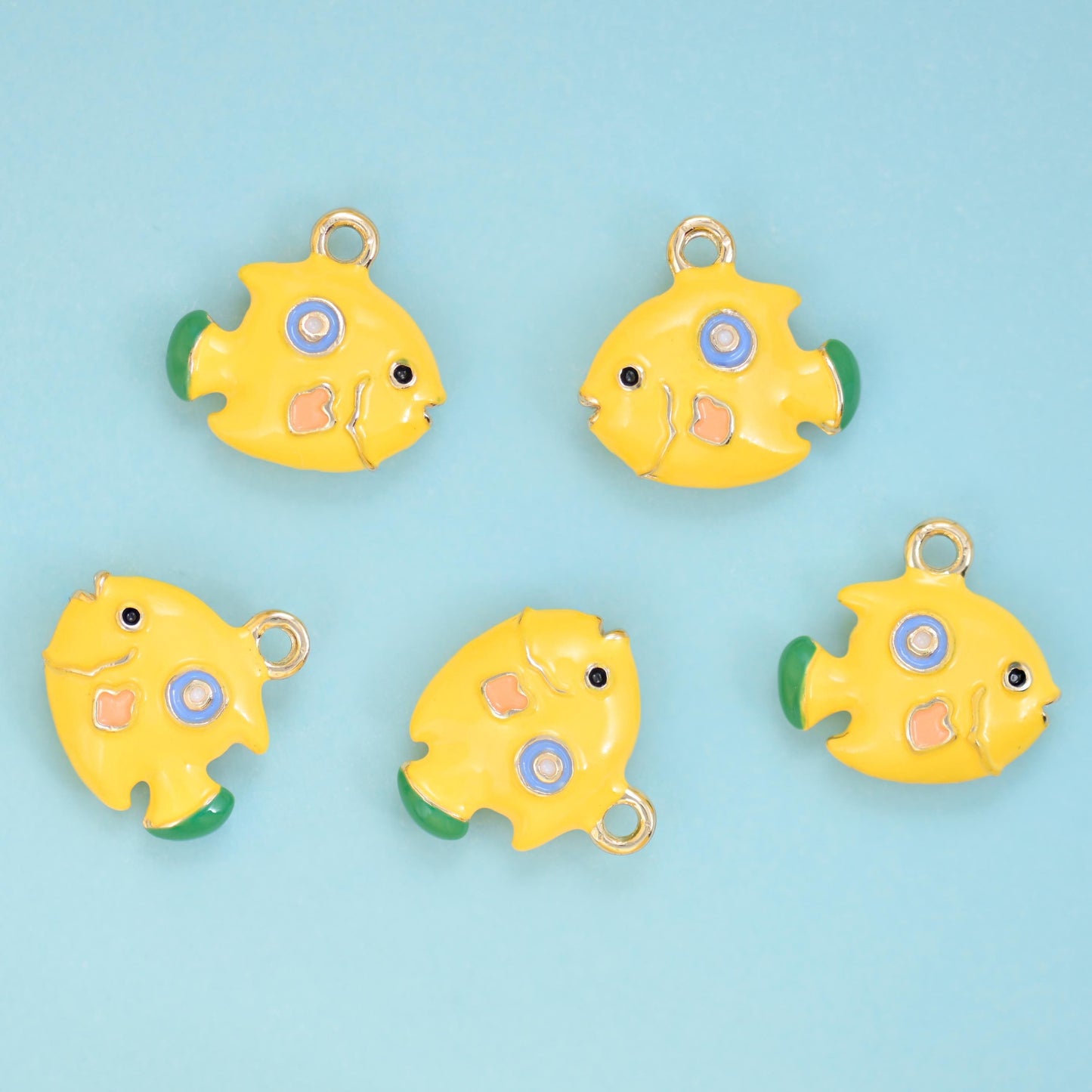 Enamel Yellow Tropical Fish Charm 16x15mm, integrated top loop for hanging