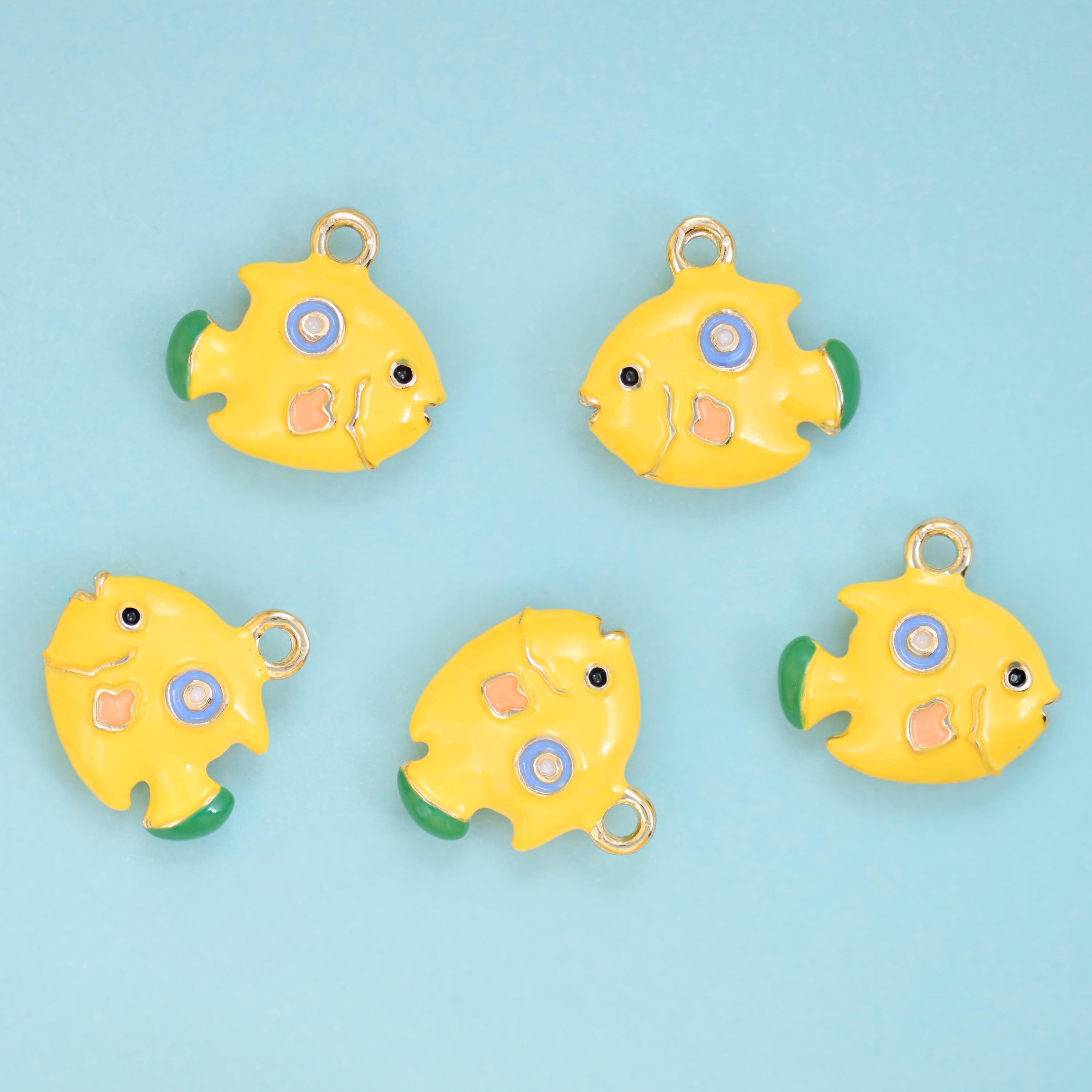 Enamel Yellow Tropical Fish Charm 16x15mm, integrated top loop for hanging