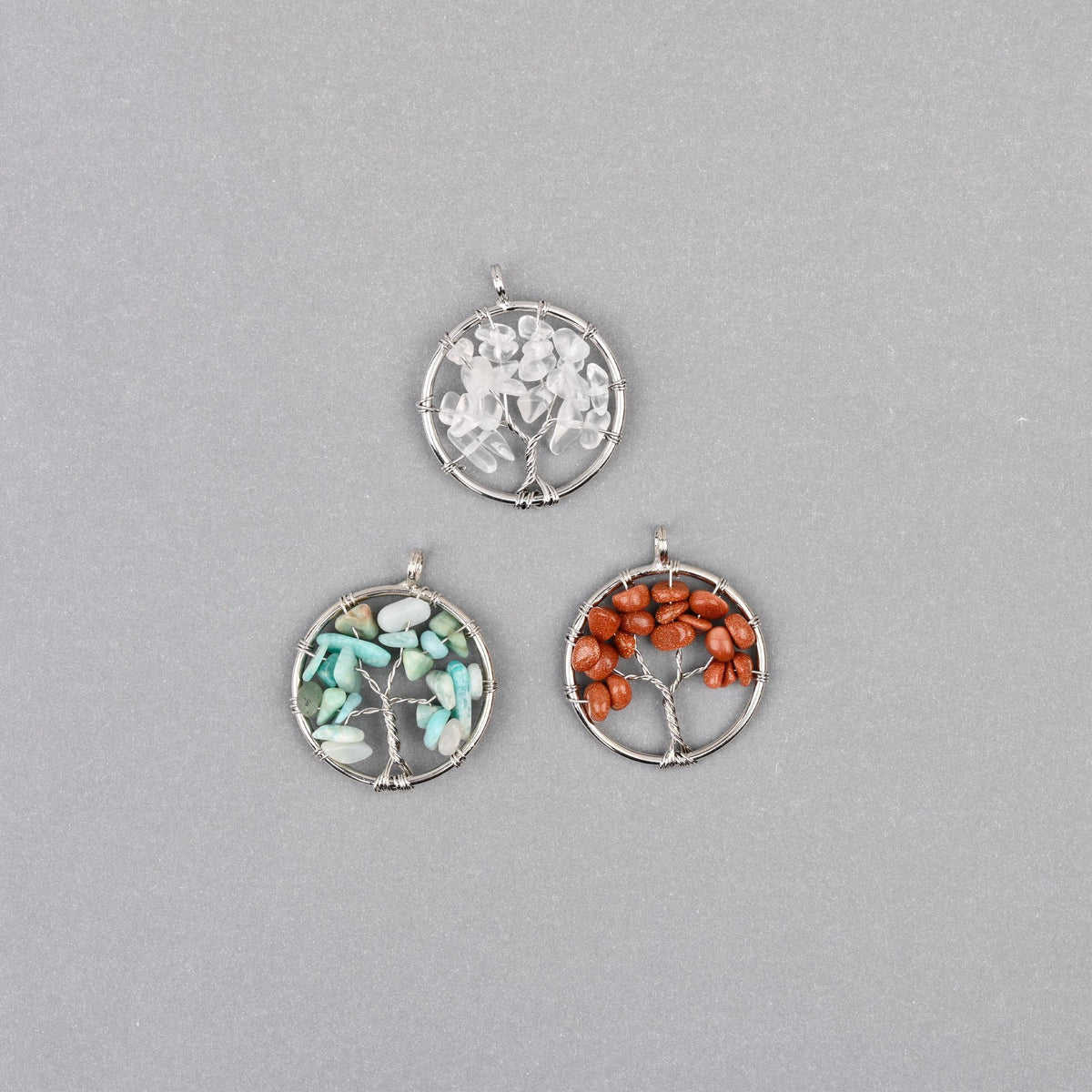30mm Tree of Life Wire Wrapped Pendant Charm, a silver-tone wire hoop wrapped with natural gemstone chips.