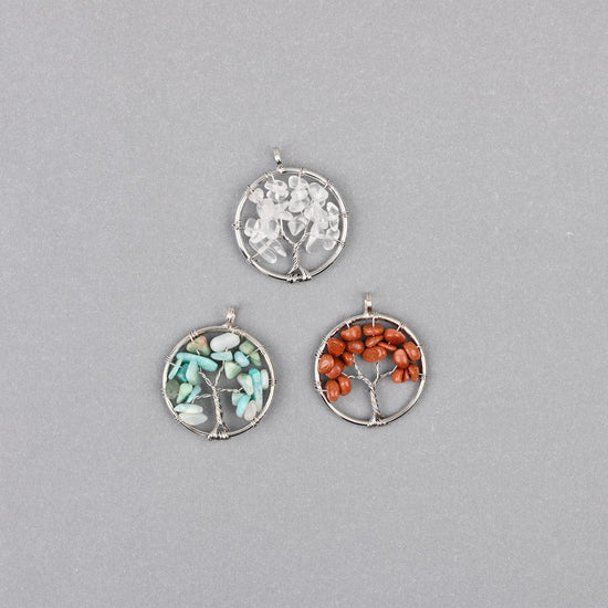 30mm Tree of Life Wire Wrapped Pendant Charm, a silver-tone wire hoop wrapped with natural gemstone chips.