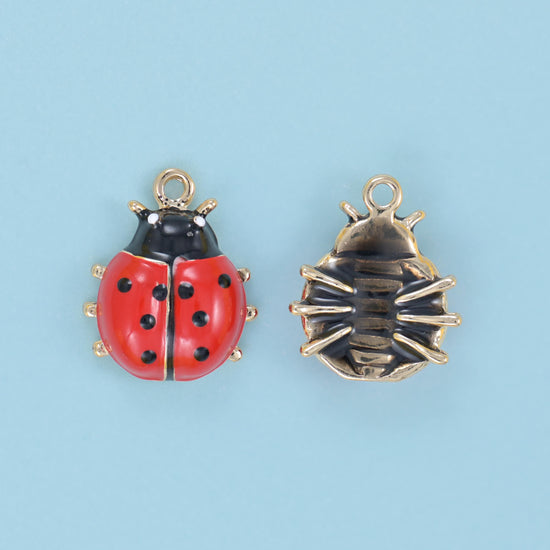 Enamel Lady Bug Charm 16x13mm in red with black spots and a glossy black head