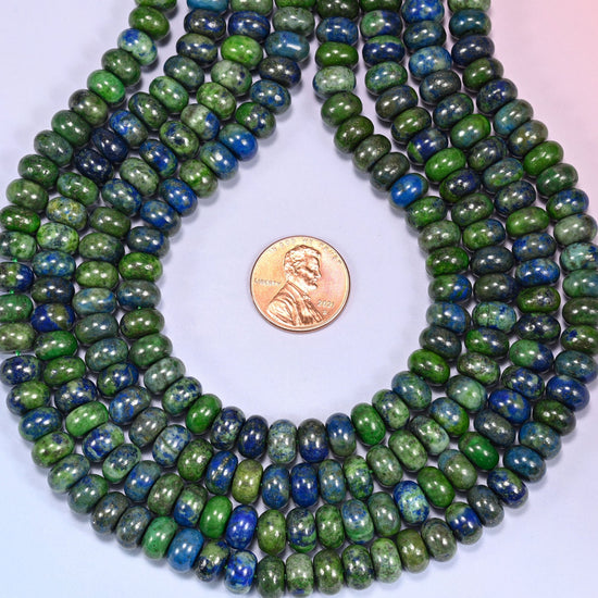 Natural Phoenix Lapis rondelle beads in a striking mix of deep blue and moss green with pyrite flecks.