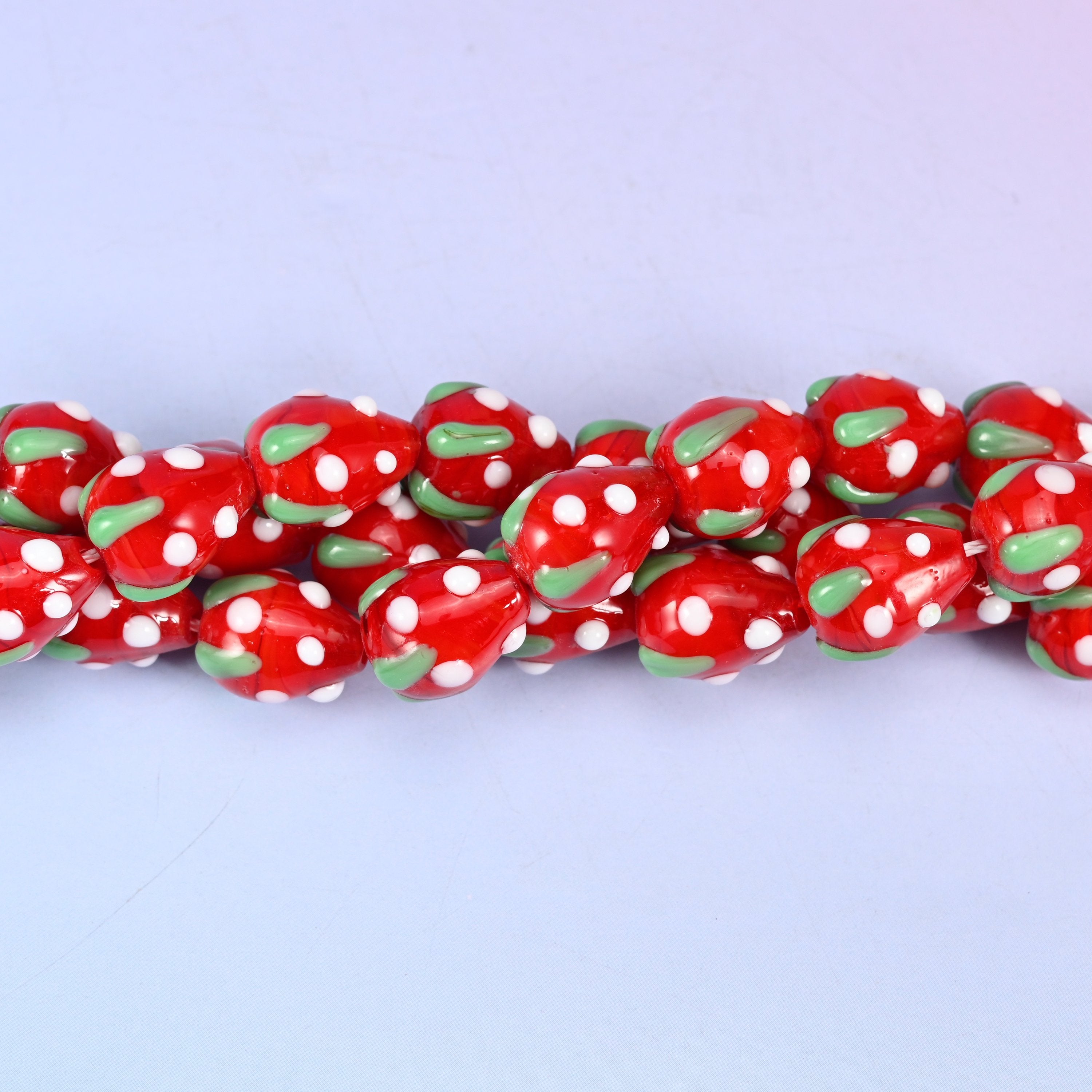 Red White Dots Strawberry Glass Beads, sold per 12 inch strand, 20 beads