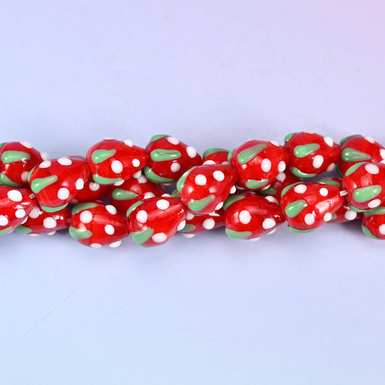 Red White Dots Strawberry Glass Beads, sold per 12 inch strand, 20 beads