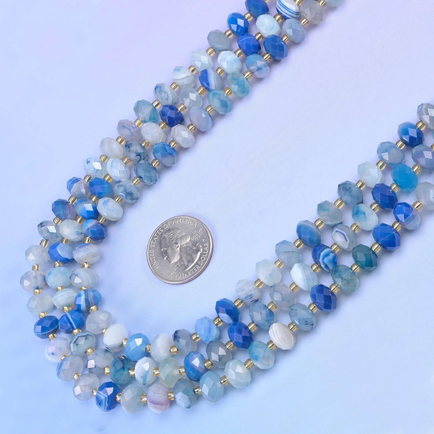 Dyed Blue Stripe Agate Faceted Rondelle Beads in cornflower and denim blue