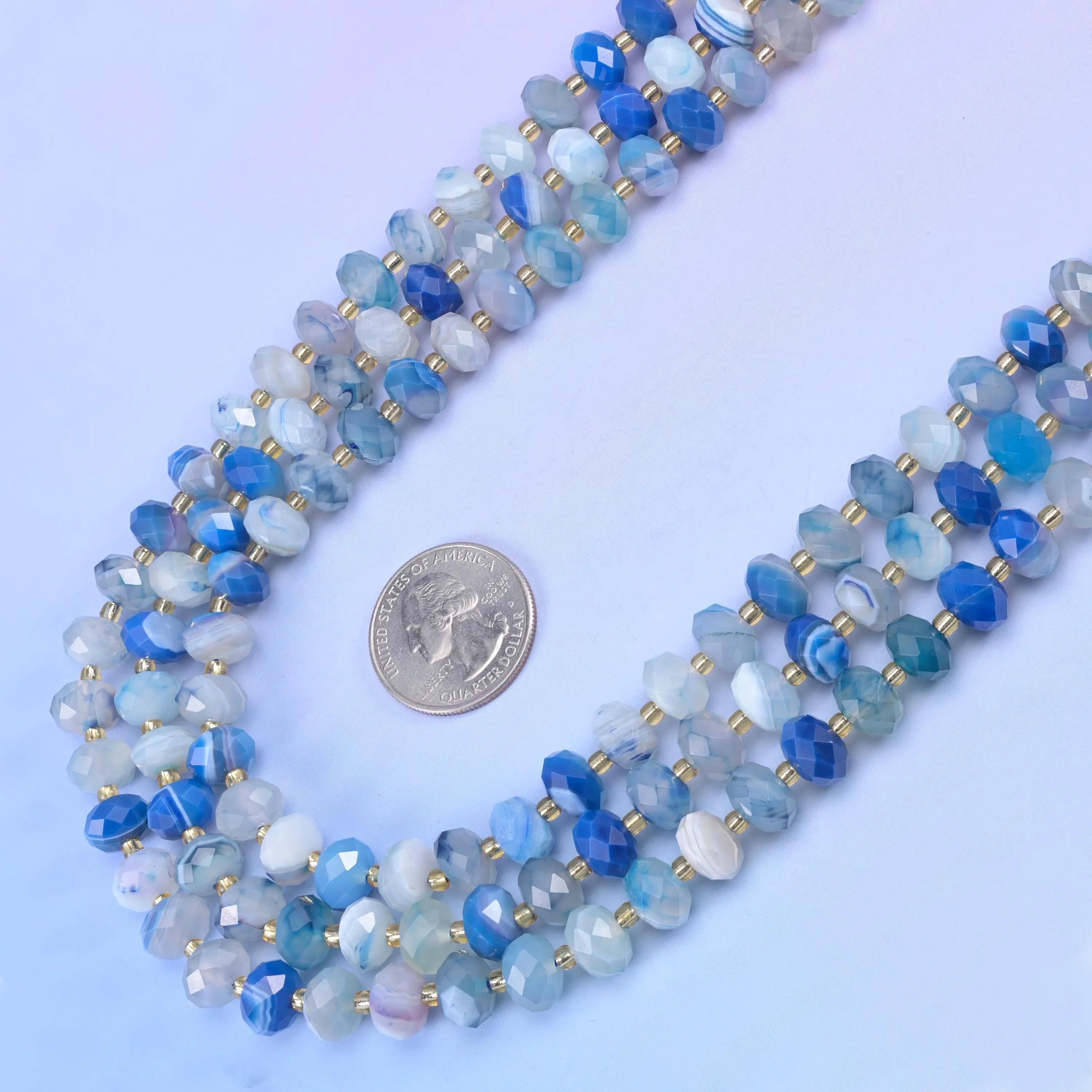 Dyed Blue Stripe Agate Faceted Rondelle Beads in cornflower and denim blue