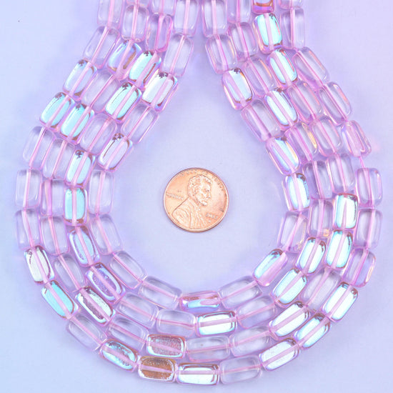 Light purple mystic aura rectangle glass beads, glossy transparent finish with soft lilac-pink shine