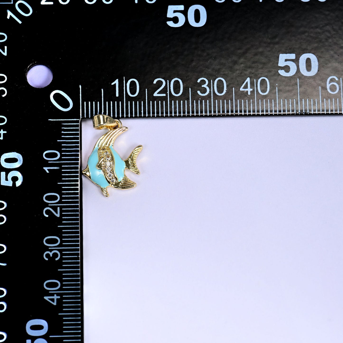 18K Gold Plated Brass Tropical Fish Charm Pendant with enamel body, sparkling zircon stripe, and gold fin and tail details
