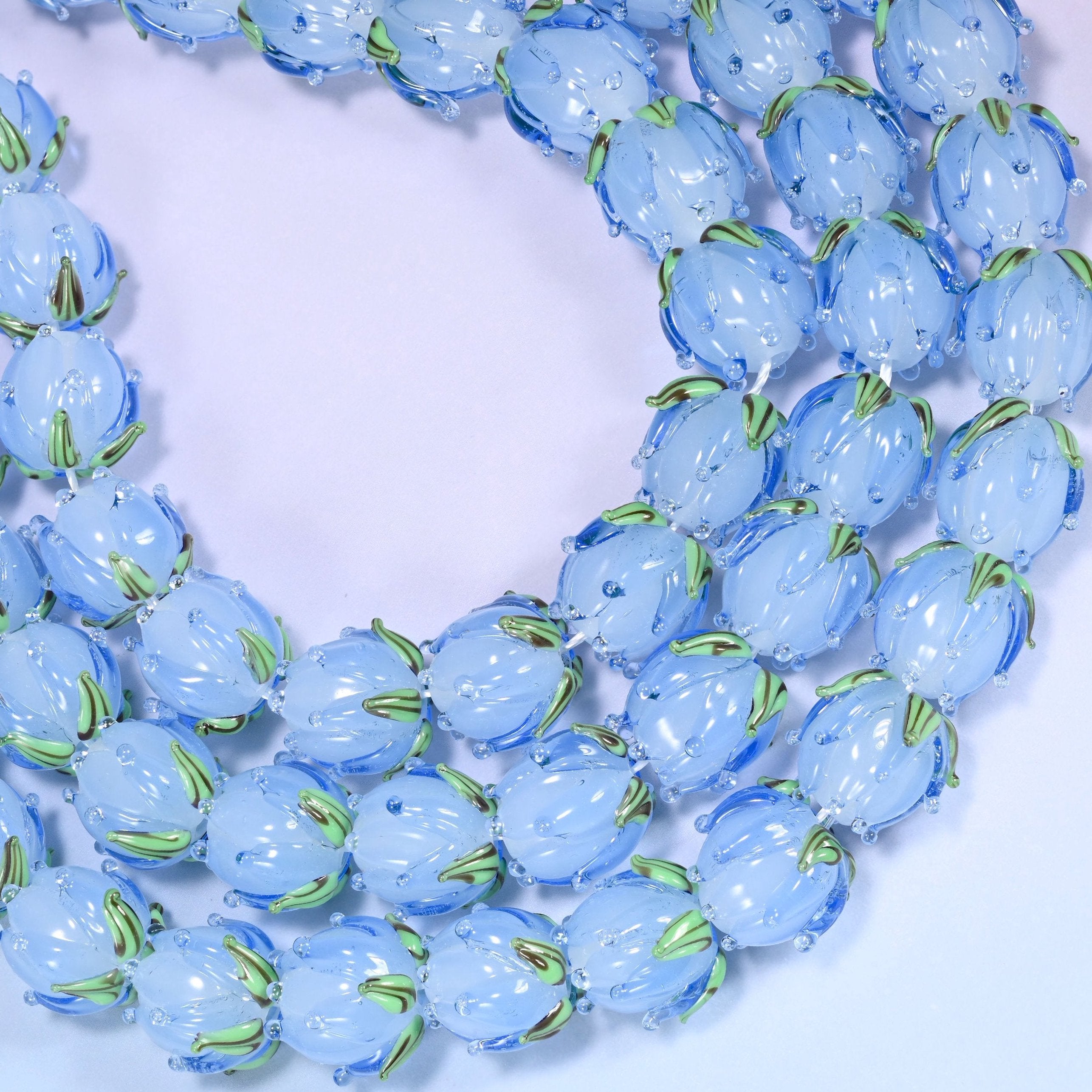 Blue Tulip Flower Bud Lampwork Glass Beads 14mm, hole 1.2mm to 1.8mm