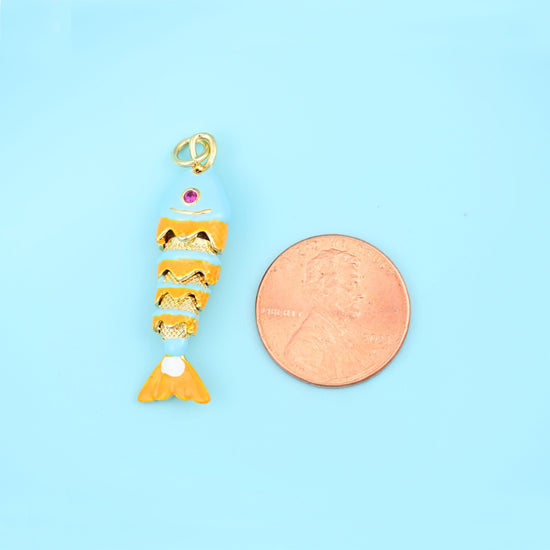 18K Gold Filled Enamel Articulated Fish Charm 34x9mm, sold per piece