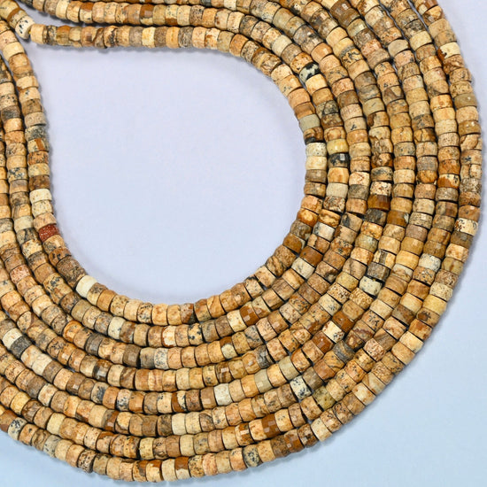 Picture jasper faceted heishi disc beads curved into an open loop, tan, beige and brown beads