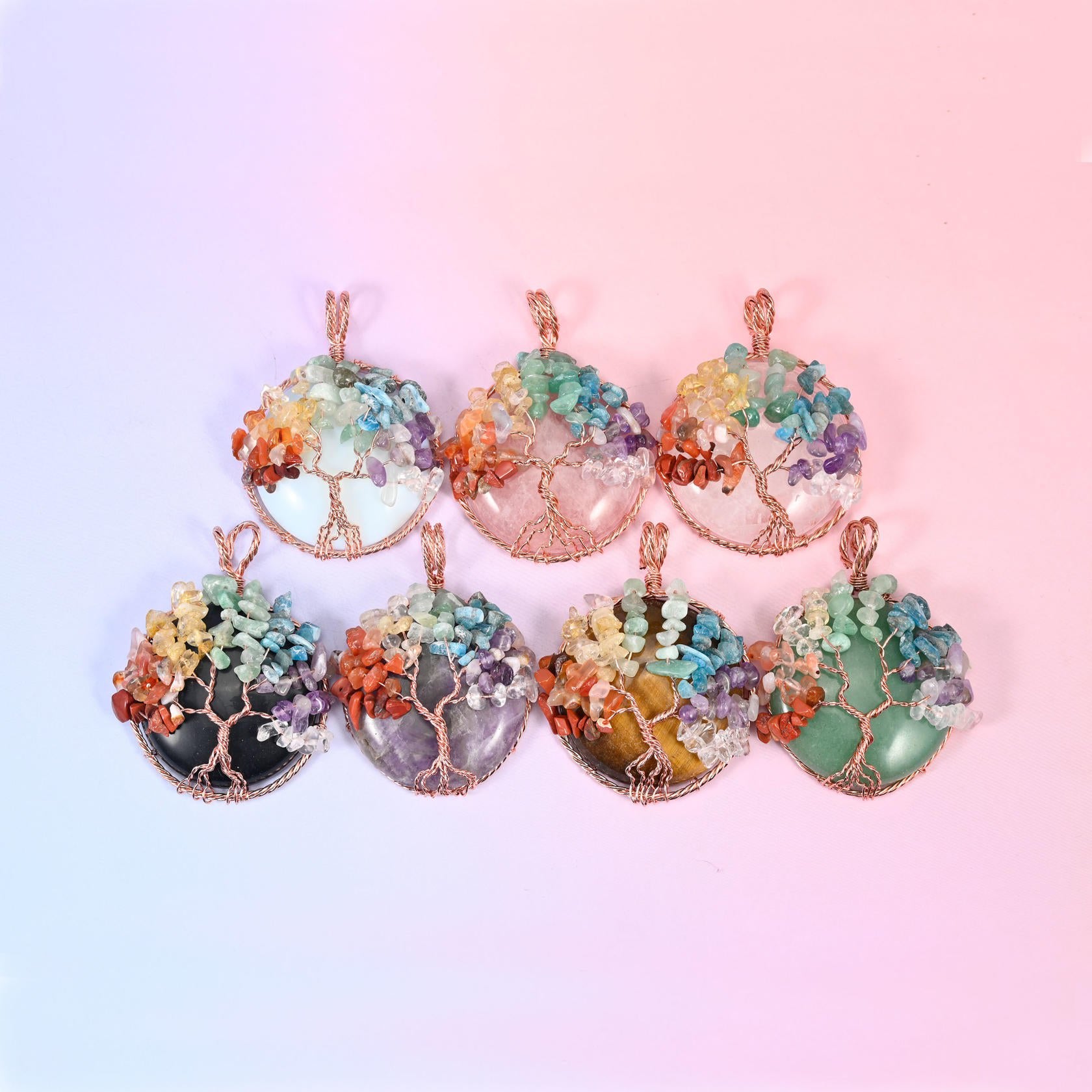 Round Gemstone Pendant with Copper Wired Tree of Life