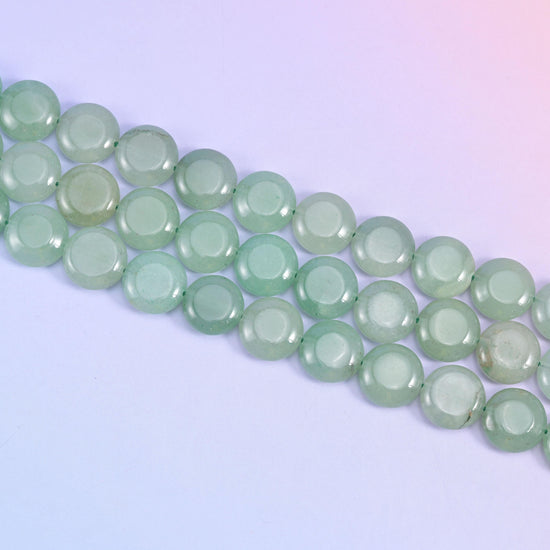 Green Aventurine coin beads ranging from pale celadon to deeper sage