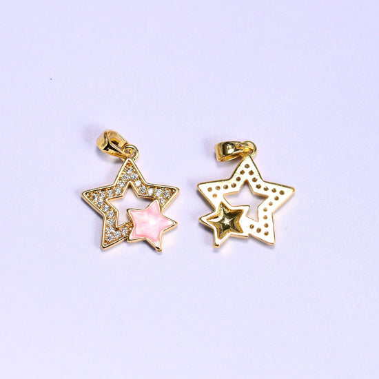 Double star charm with a shell inner star and zircon pave outer star