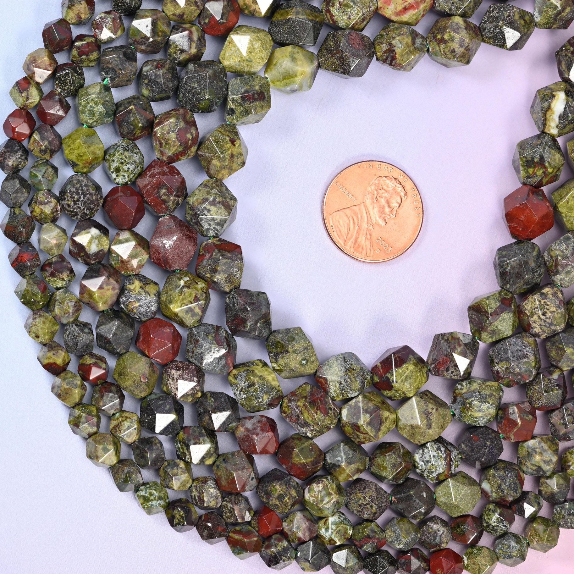 Dragon Bloodstone Faceted Diamond Star Cut Beads, 6mm approximately 63 beads, 8mm approximately 47 beads, 10mm approximately 38 beads per strand