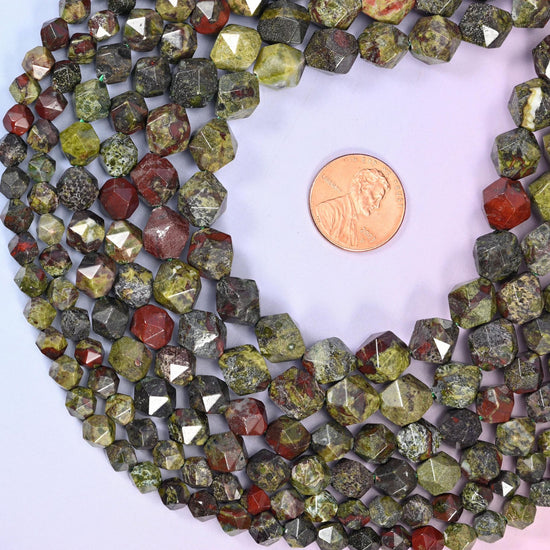 Dragon Bloodstone Faceted Diamond Star Cut Beads, 6mm approximately 63 beads, 8mm approximately 47 beads, 10mm approximately 38 beads per strand