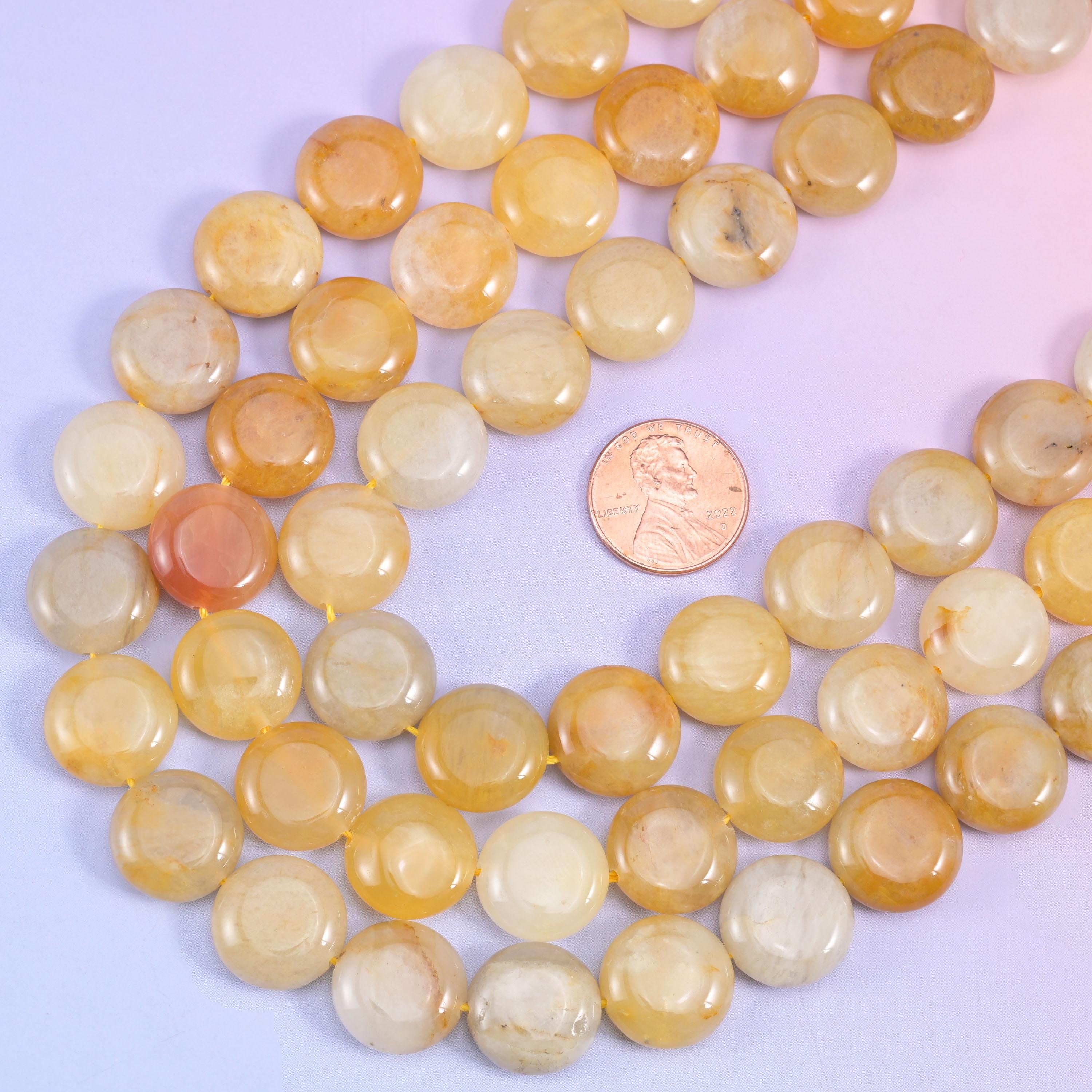 Yellow Jade smooth coin beads, 15 inch strand