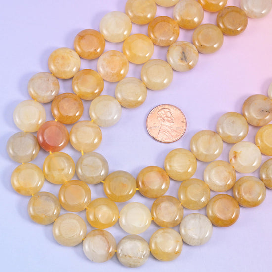 Yellow Jade smooth coin beads, 15 inch strand