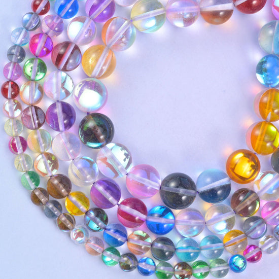 Iridescent rainbow glass beads, sizes 6mm 8mm 10mm and 12mm