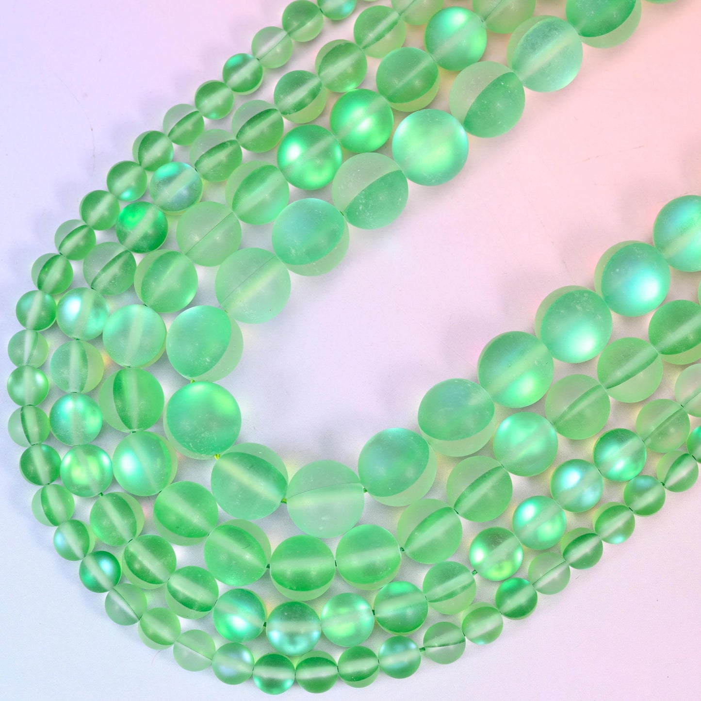 Iridescent Matte Green Round Glass Beads, 15 inch strand