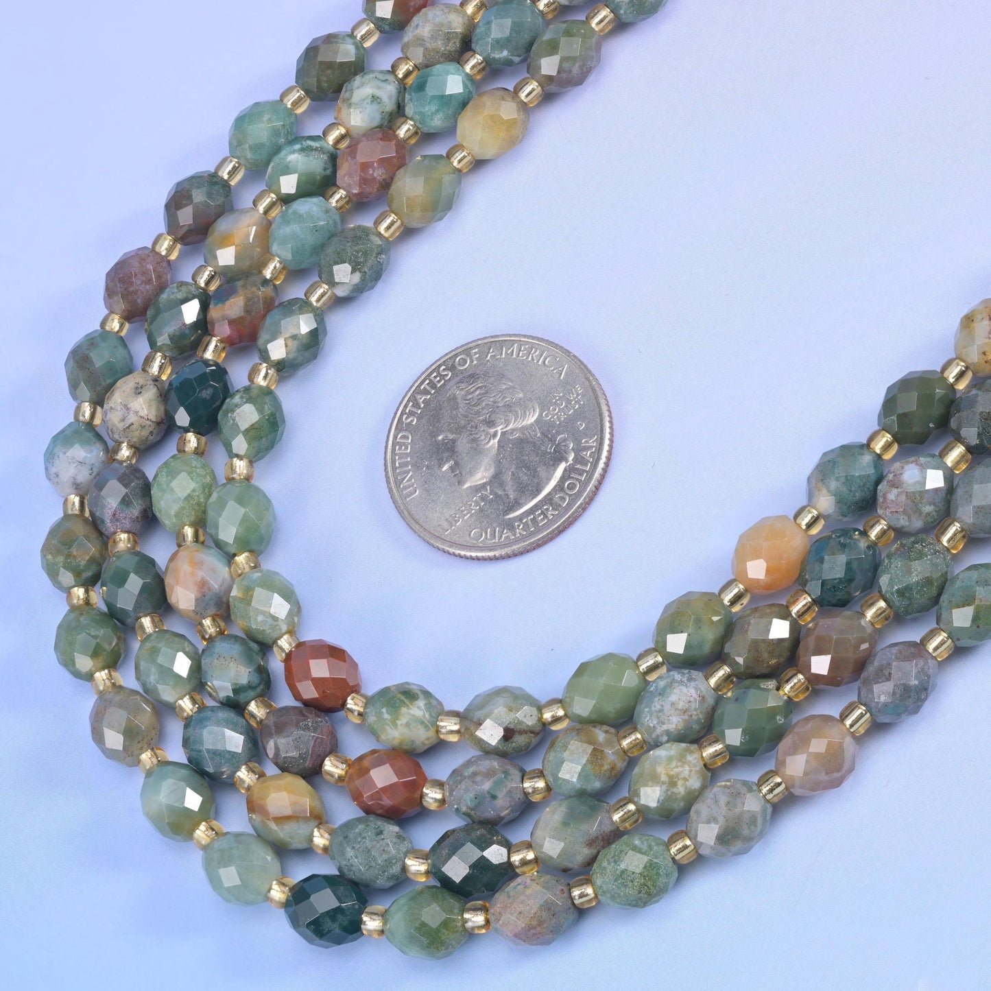 Indian Agate Faceted Rice Barrel Beads in sage and grey-green with cream and rust