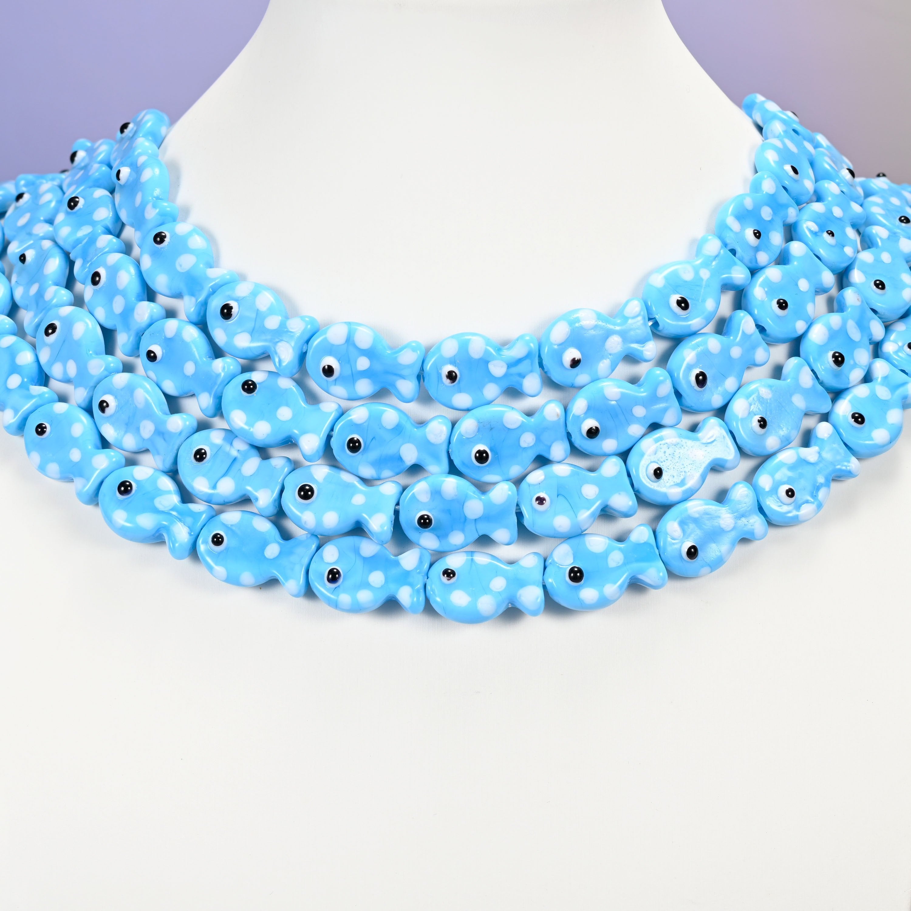 Sky blue fish glass beads, 19x12mm