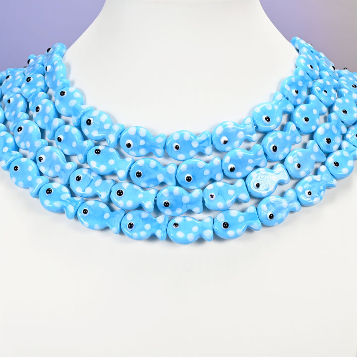 Sky blue fish glass beads, 19x12mm