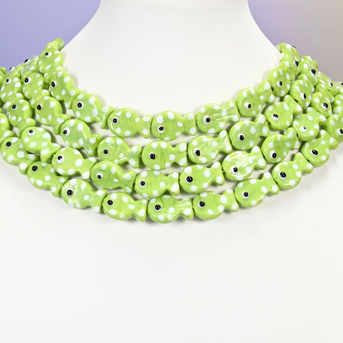Lime green fish glass beads, 19x12mm