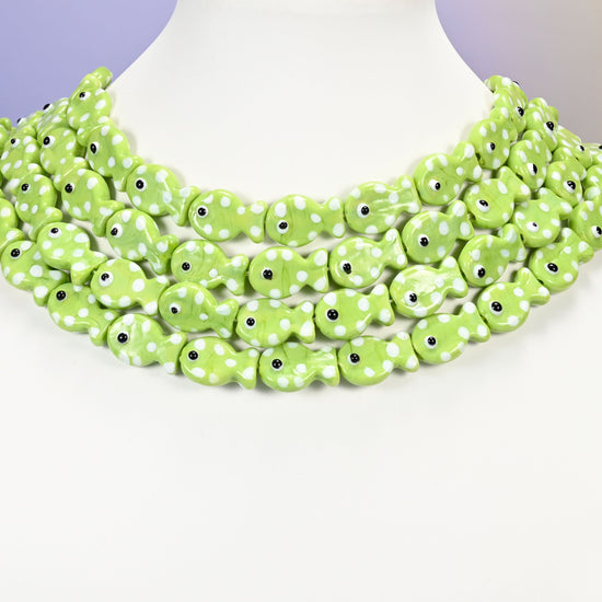 Lime green fish glass beads, 19x12mm
