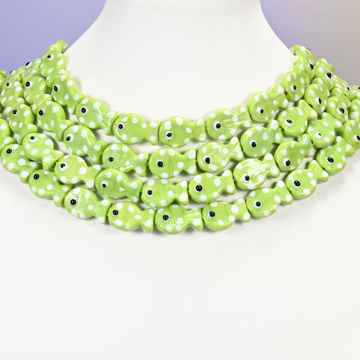 Lime green fish glass beads, 19x12mm