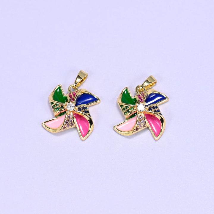 18K gold plated brass windmill charm pendant, approx 15.35mm x 15.35mm