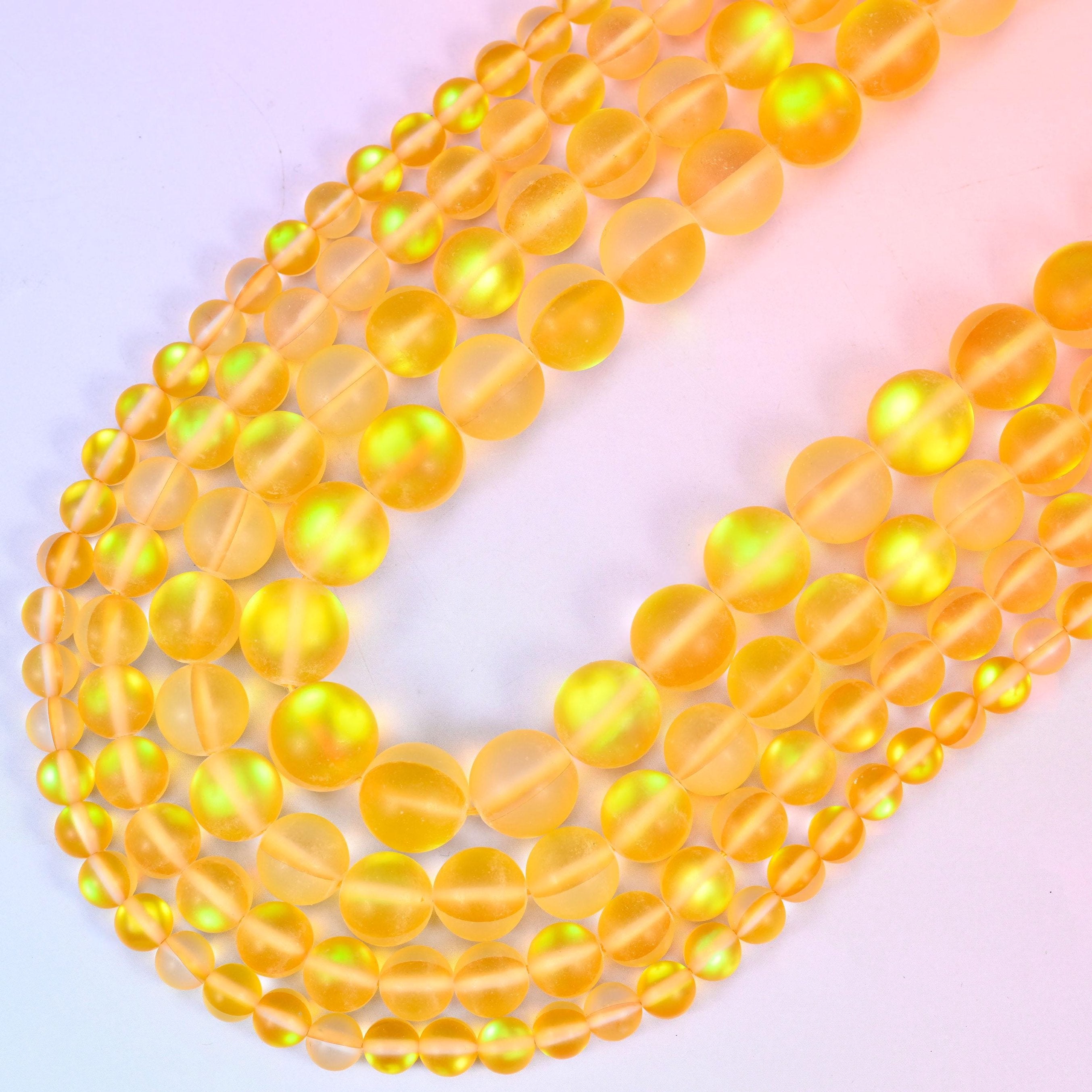 Iridescent Matte Yellow Round Glass Beads, 15 inch strand