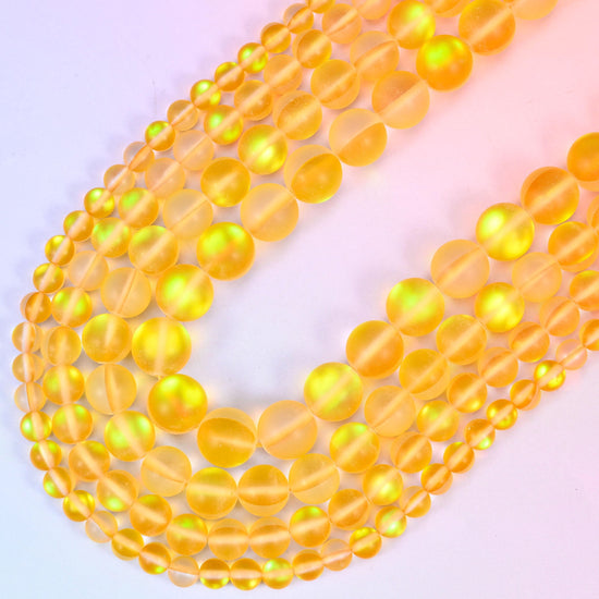 Iridescent Matte Yellow Round Glass Beads, 15 inch strand