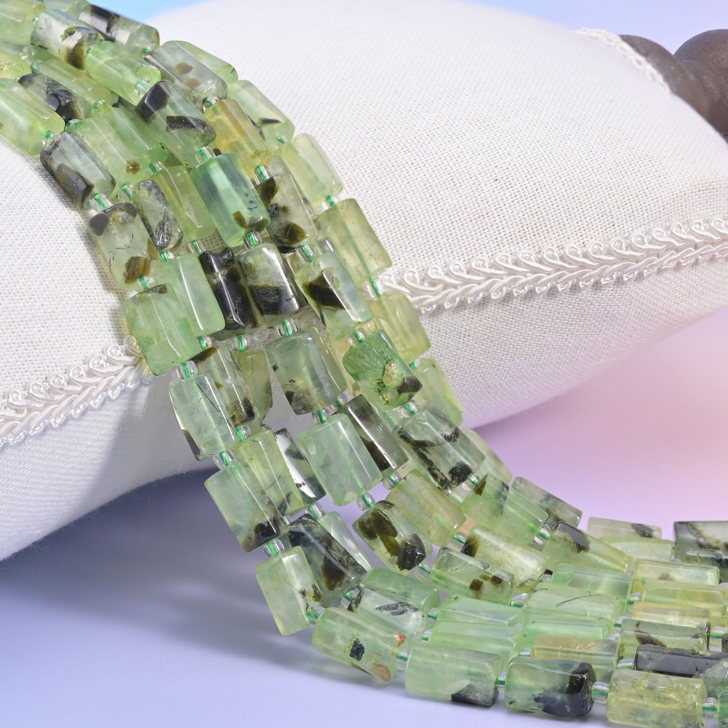 Natural Prehnite faceted tube cylinder beads with a soft green hue