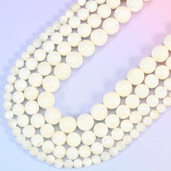 White Trochus Shell Smooth Round Beads, 15 inch strand