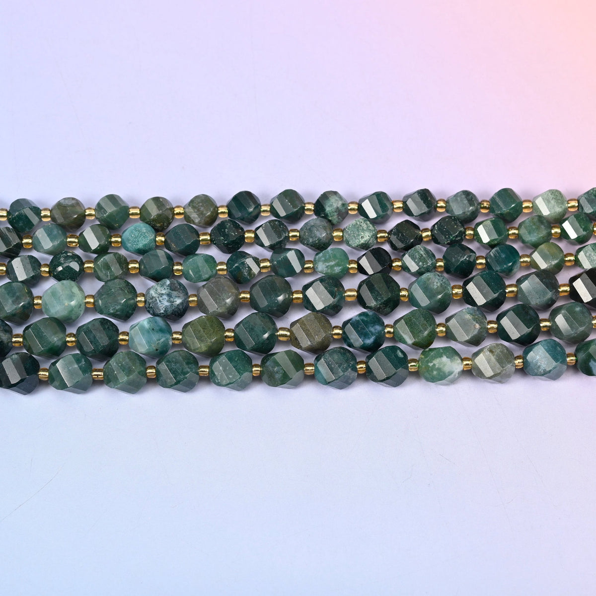 Moss Agate beads in deep pine and forest green with dark moss-like inclusions