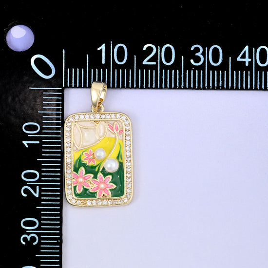 Flower Pearl Zircon Rectangle Pendants: 18K Gold Plated Charms, Jewelry Making Supply