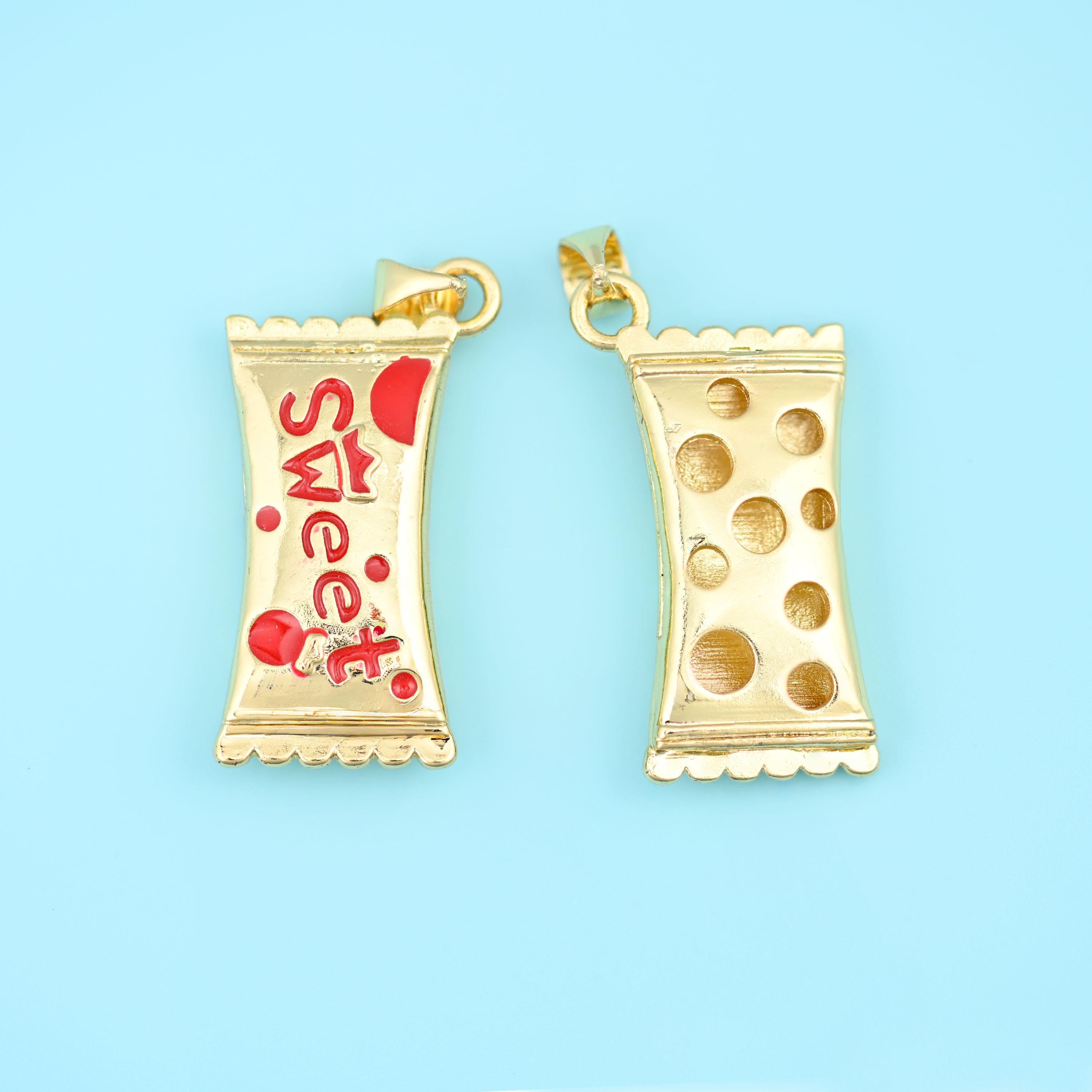 Enamel Sweet Candy Wrapper Charm 18K Gold Filled 27x14.6mm in red and white, or blue and white, over gold