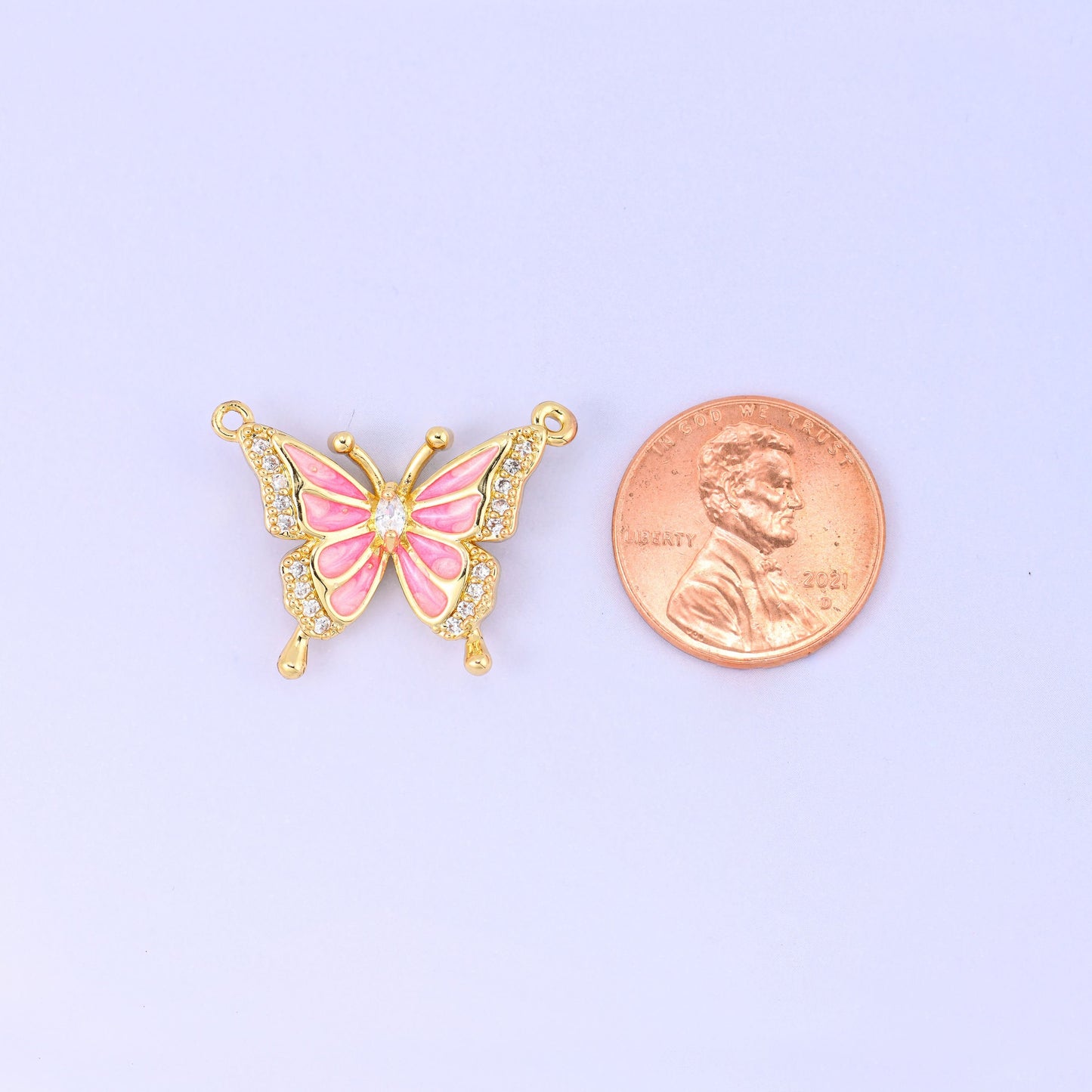 Enamel Pink Butterfly Zircon Pendants, double connector loops on both sides