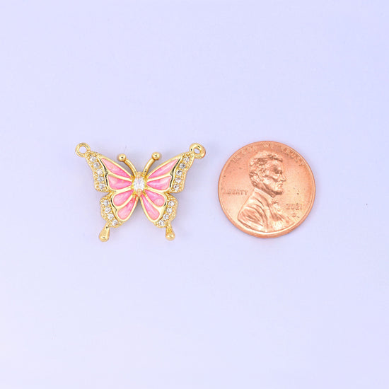 Enamel Pink Butterfly Zircon Pendants, double connector loops on both sides