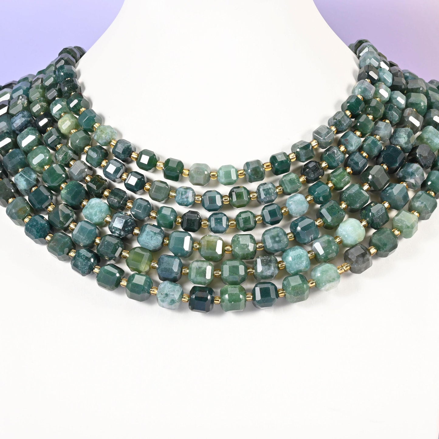 Moss Agate beads, faceted cube, 6mm and 8mm