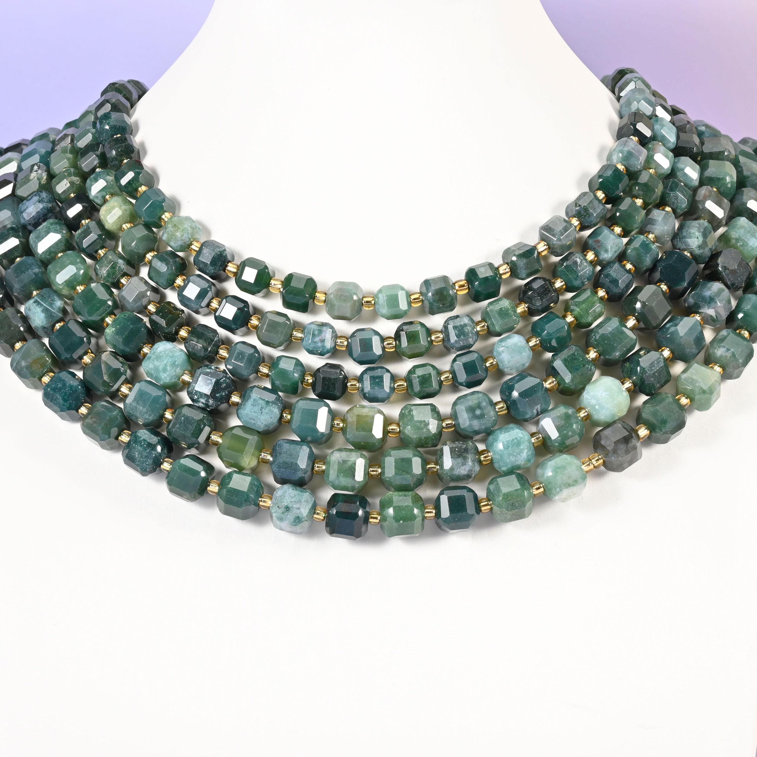 Moss Agate beads, faceted cube, 6mm and 8mm