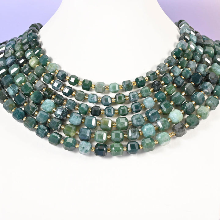 Moss Agate beads, faceted cube, 6mm and 8mm