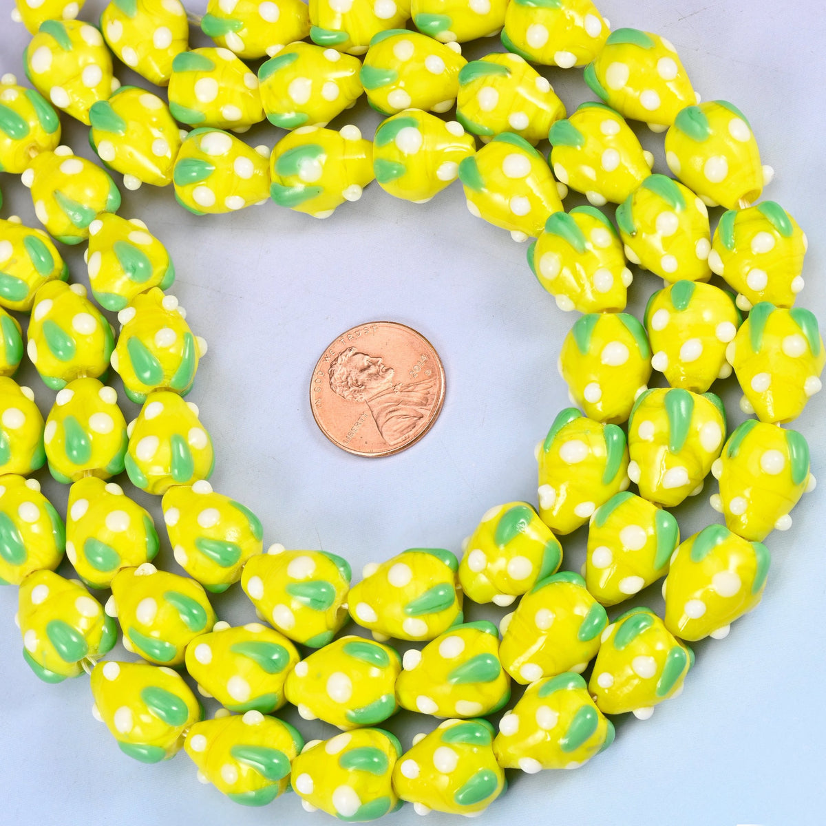Yellow White Dots Strawberry Glass Beads, sold per 12 inch strand, 20 beads