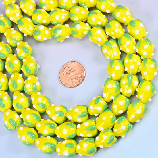 Yellow White Dots Strawberry Glass Beads, sold per 12 inch strand, 20 beads