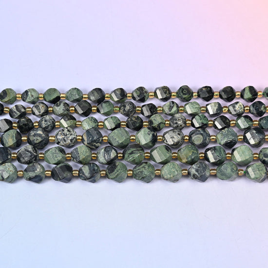 Kambaba Jasper beads in deep forest and moss green with black orbicular rings