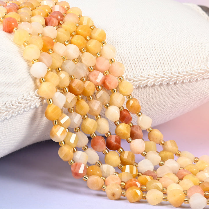 Gold silk jade yellow jade beads, 8mm faceted spiral twist, honey and butter yellow gemstone strand for jewelry making