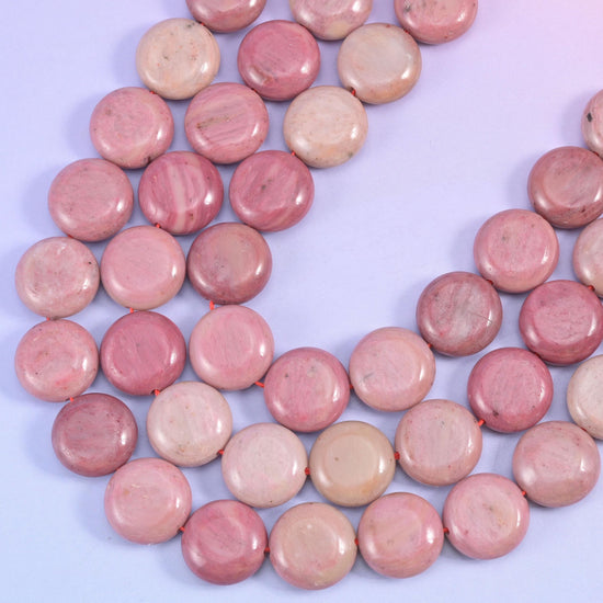 Pink Rhodonite coin beads, 1.2mm centre-drilled hole