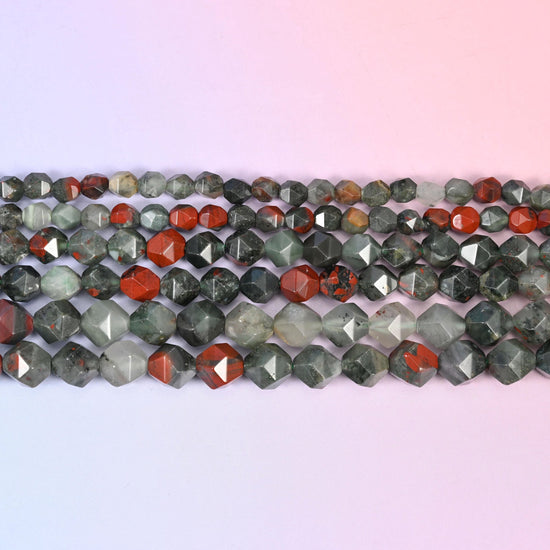 African Bloodstone Diamond Star Cut Beads 6mm 8mm 10mm in sage to deep green with brick red and pale cream markings